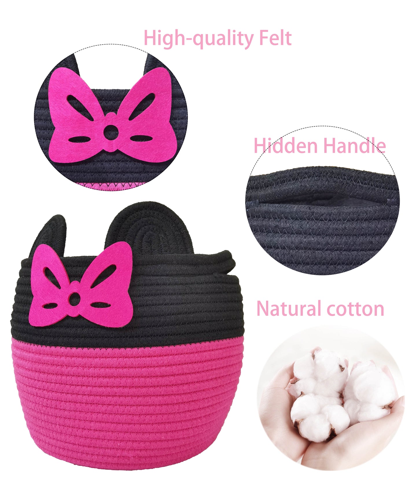 2 PCS Pink Mouse Basket dolls Storage Basket Cotton Rope Woven Basket with Handles Nursery Toy Organizers