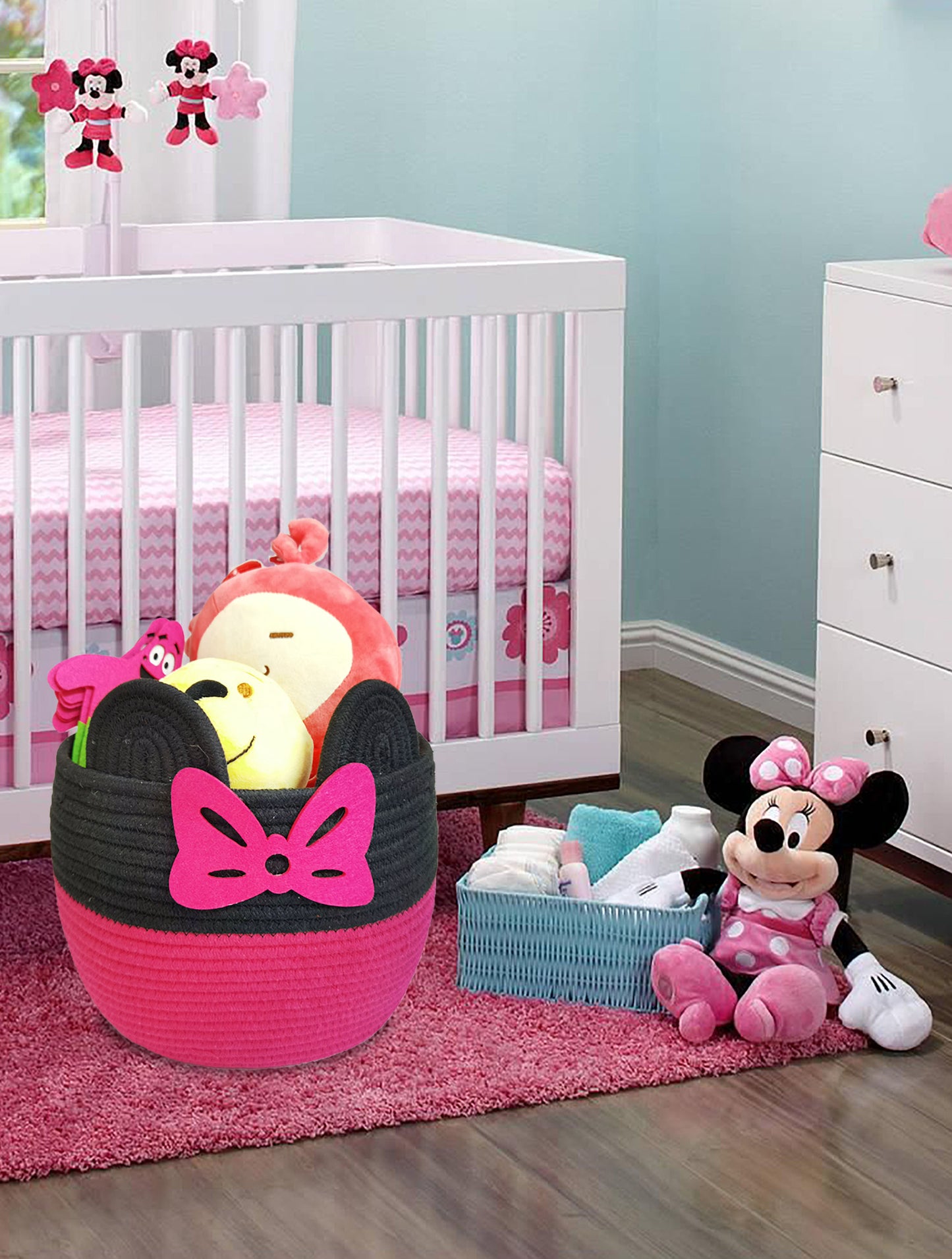 2 PCS Pink Mouse Basket dolls Storage Basket Cotton Rope Woven Basket with Handles Nursery Toy Organizers