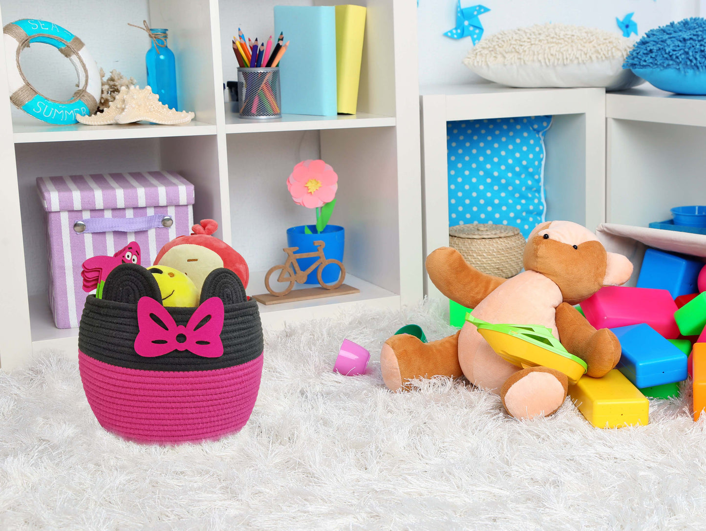 2 PCS Pink Mouse Basket dolls Storage Basket Cotton Rope Woven Basket with Handles Nursery Toy Organizers