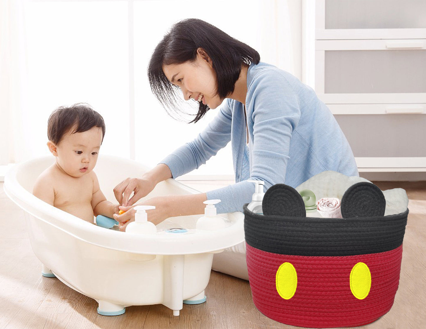 2 PCS Red Mouse Basket Baby Toy Storage Basket Cotton Rope Woven Basket with Handles Nursery Toy Organizers