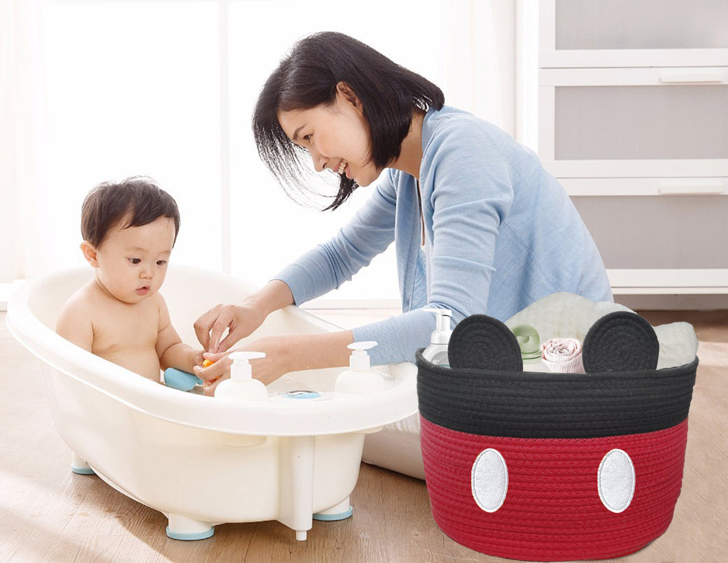 2 PCS Red Mouse Basket Baby Toy Storage Basket Cotton Rope Woven Basket with Handles Nursery Toy Organizers