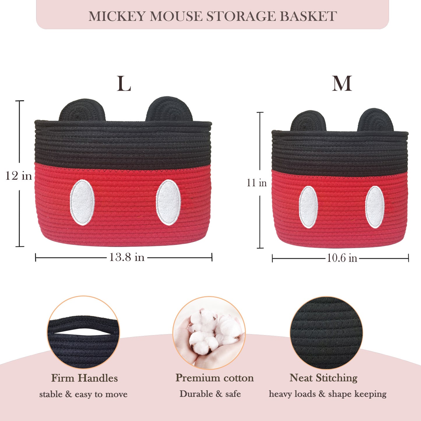 2 PCS Red Mouse Basket Baby Toy Storage Basket Cotton Rope Woven Basket with Handles Nursery Toy Organizers