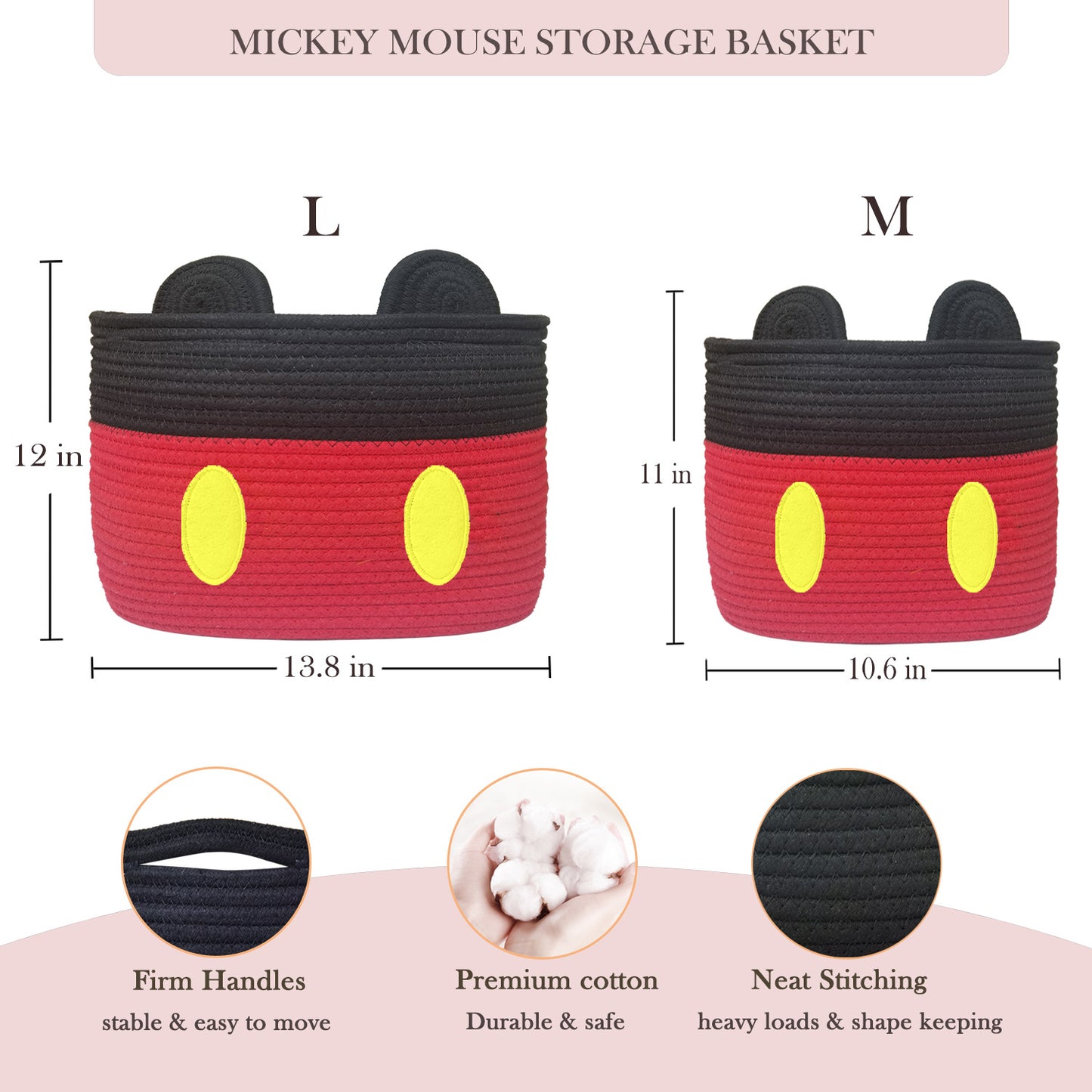 2 PCS Red Mouse Basket Baby Toy Storage Basket Cotton Rope Woven Basket with Handles Nursery Toy Organizers